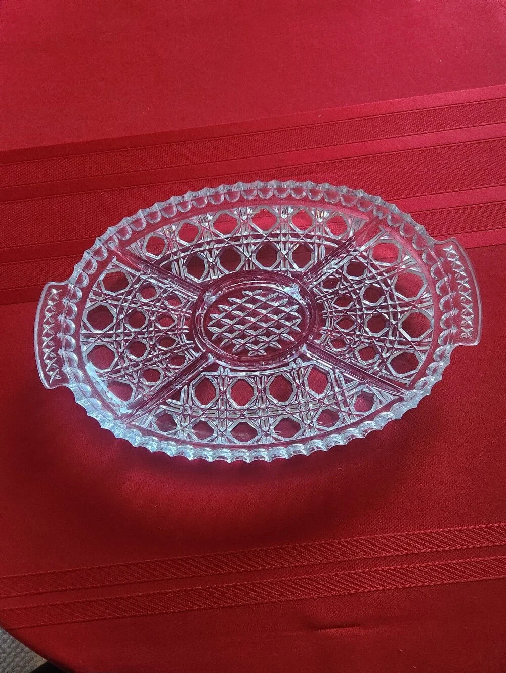 Vintage Clear Cut Heavy Glass Style Oval Divided Relish Dish with Handles